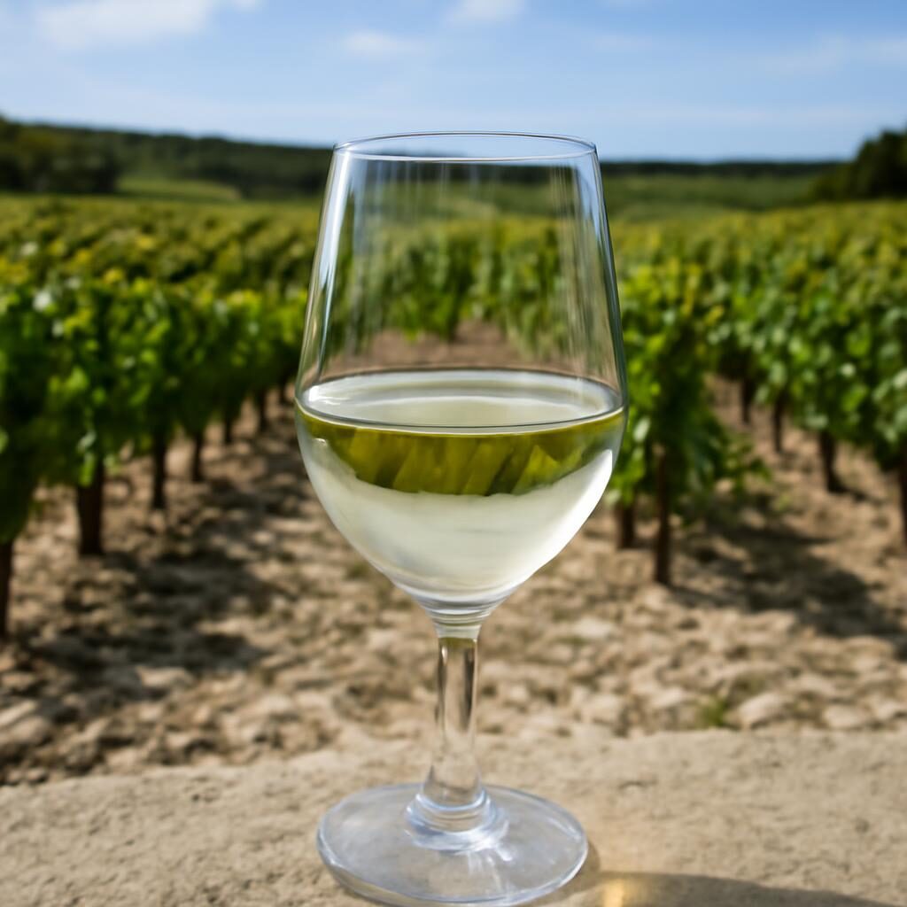 verre de Bourgogne Aligoté jaune pâle, vignes de Bourgogne et sols calcaires en arrière-plan
