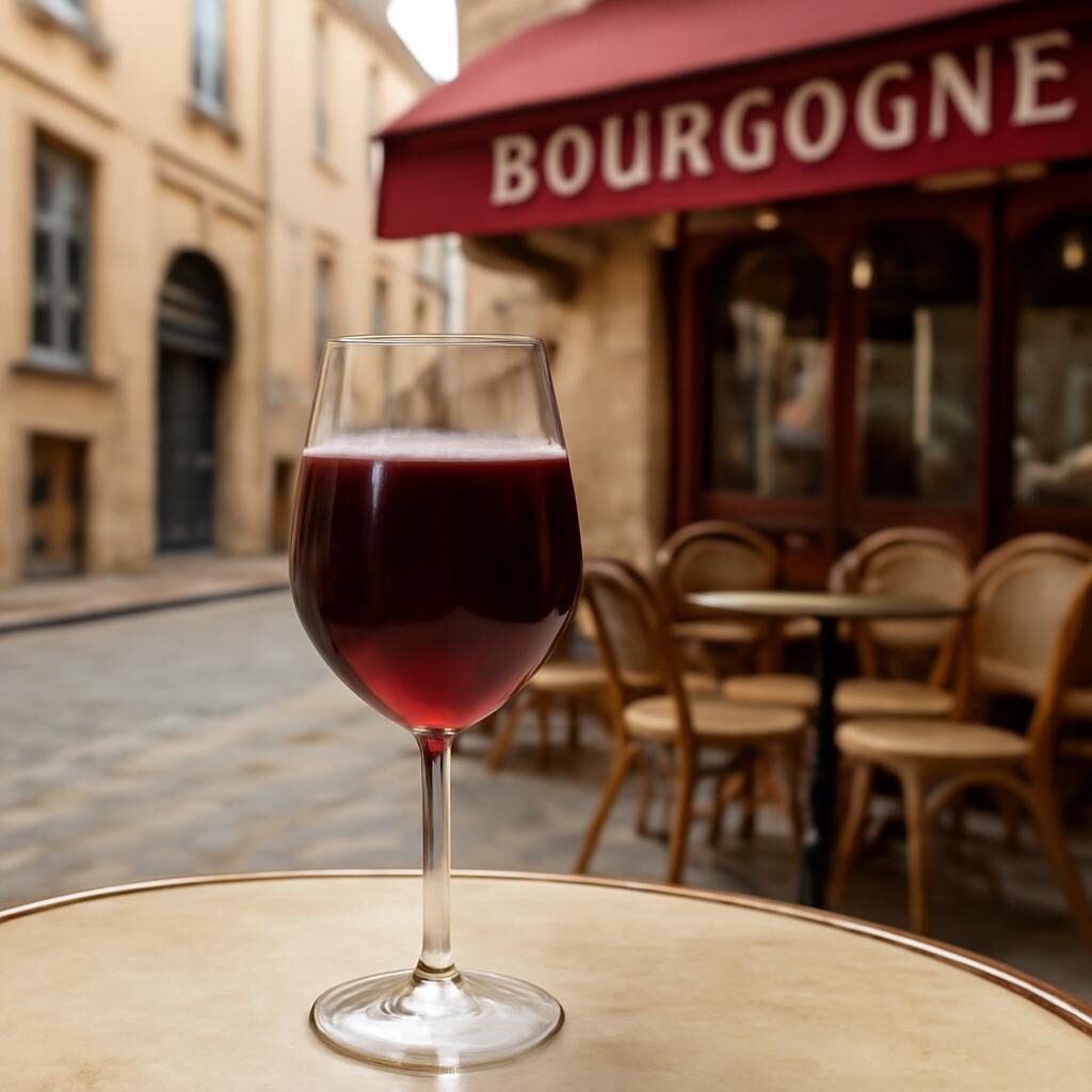 Kir classique au Bourgogne Aligoté et crème de cassis dans un bistrot dijonnais