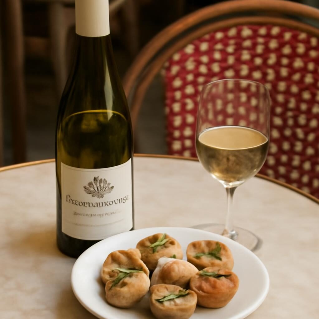 bouteille de Bourgogne Aligoté et verre à côté d'un plat d'escargots bourguignons au beurre d'ail