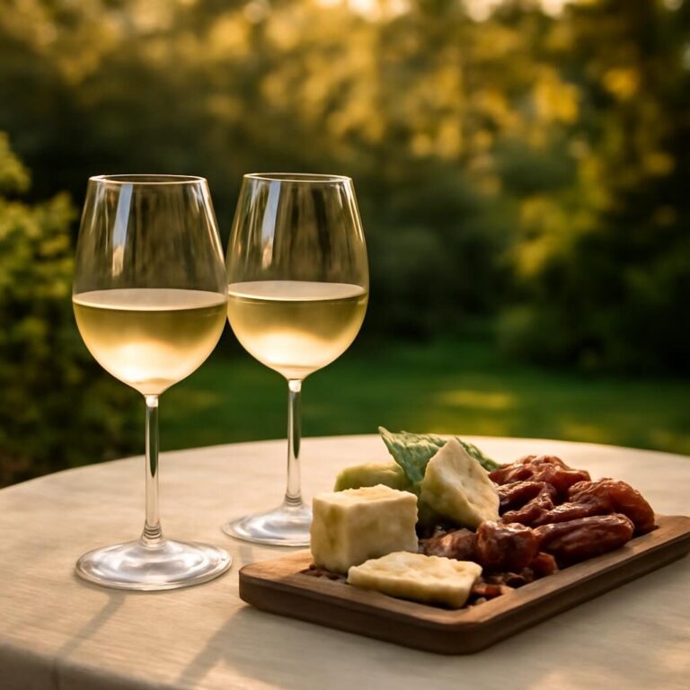 apéritif élégant avec verres de vin blanc frais, plateau fromages et charcuteries en jardin