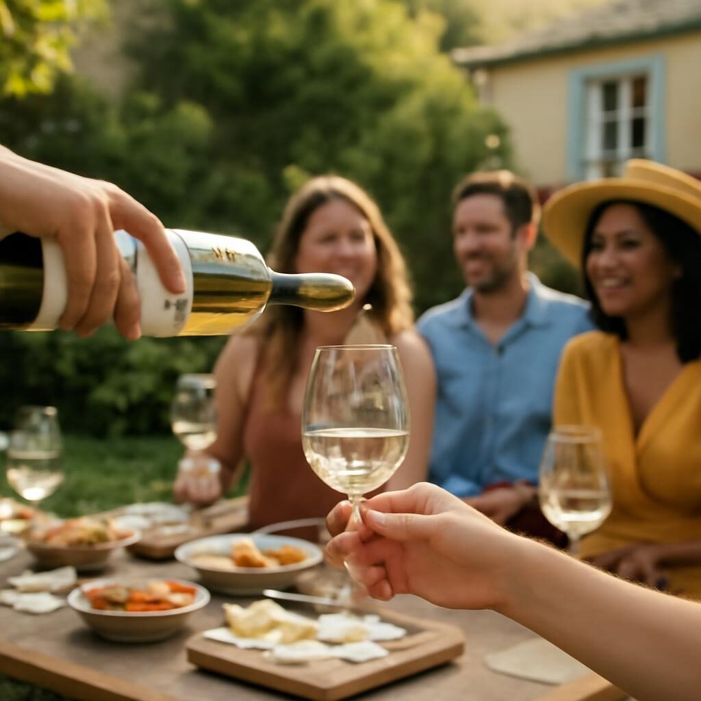 vin blanc versé dans un verre lors d'un apéritif entre amis en plein air