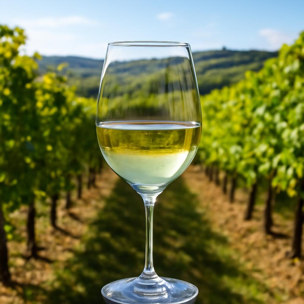 verre de vin blanc sec doré en lumière naturelle avec vignes en arrière-plan
