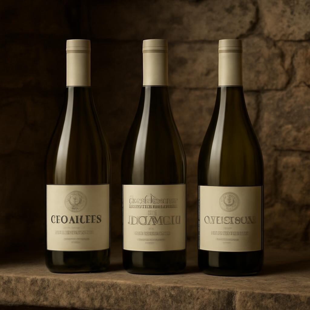 trois bouteilles de vin blanc sec français sur étagère de cave en pierre