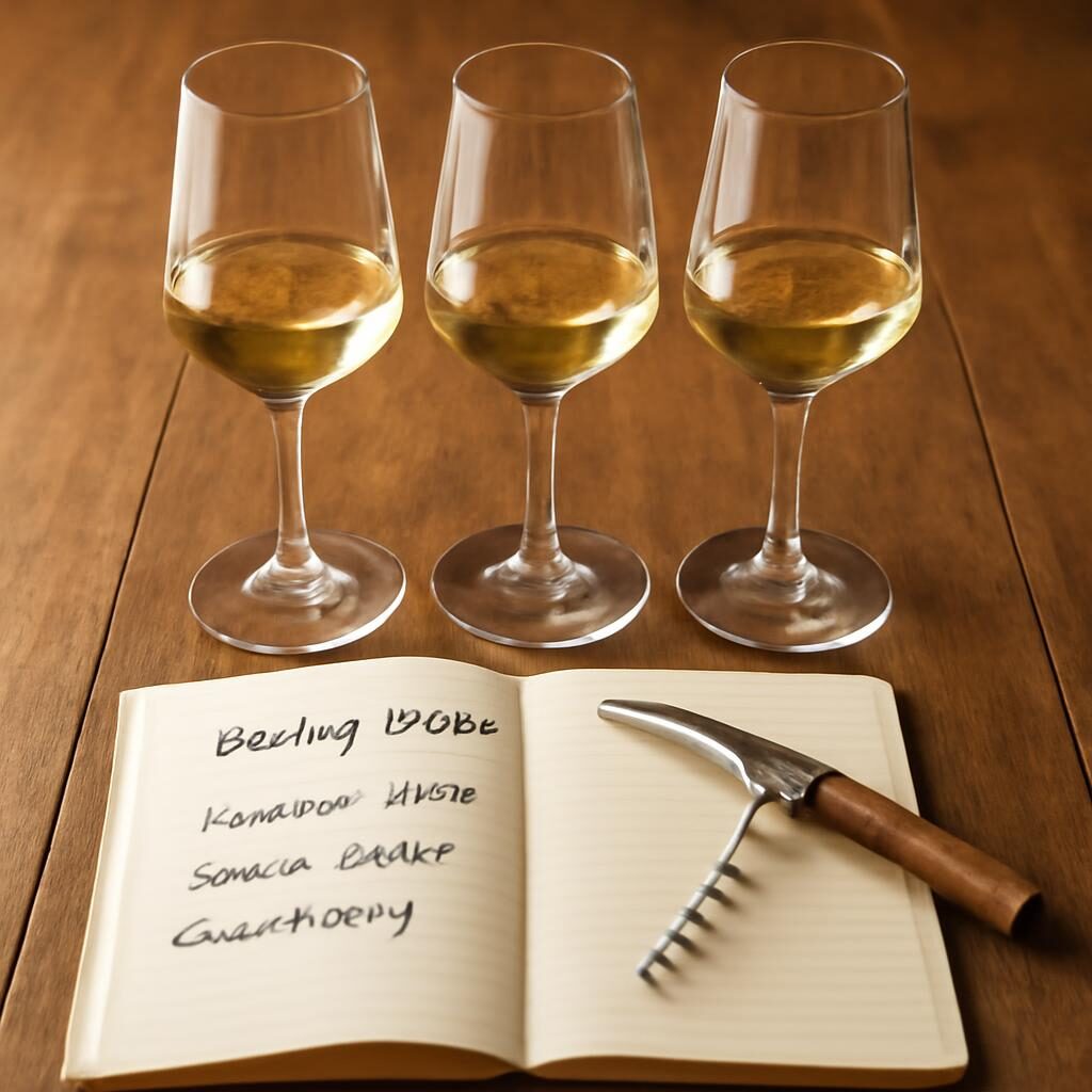 dégustation de vins blancs secs avec trois verres et carnet de notes sur table en bois