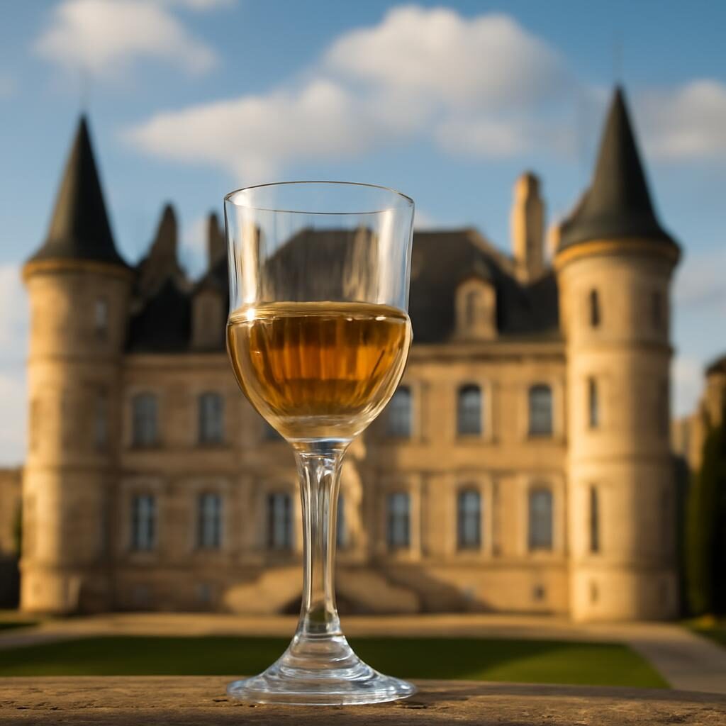 verre de Sauternes doré, vin blanc sucré de Bordeaux, château en arrière-plan