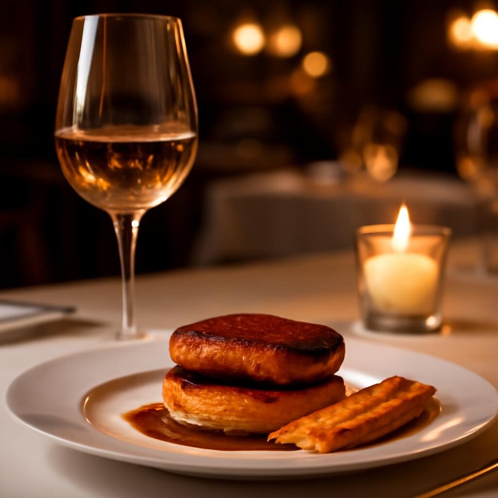 accord vin blanc sucré avec foie gras et brioche sur table de restaurant gastronomique