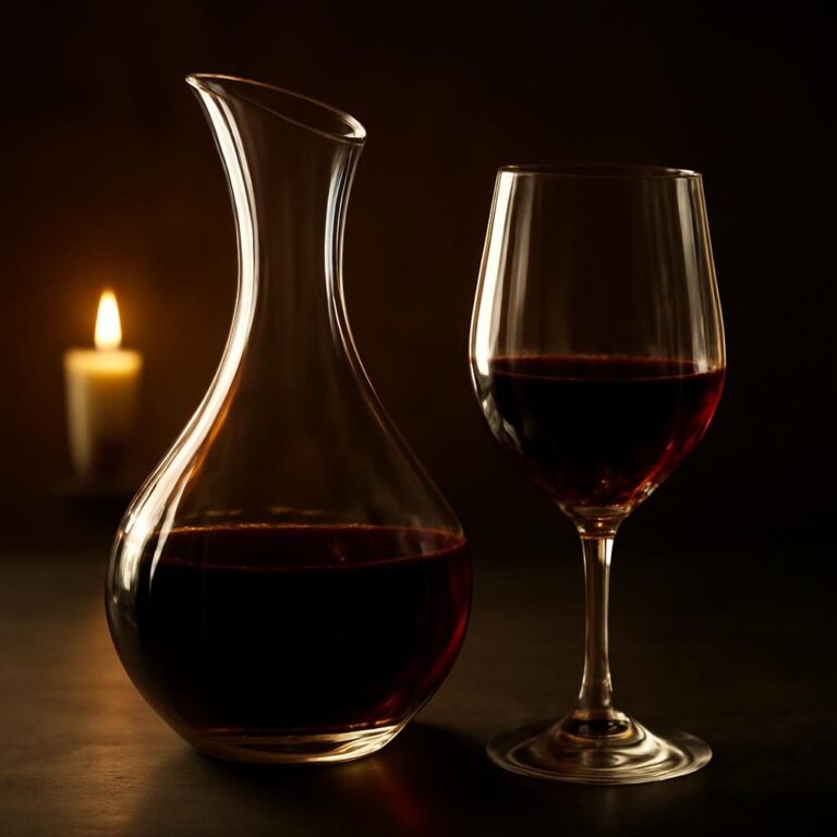 Bon vin rouge en carafe avec verre en cristal sur table sombre