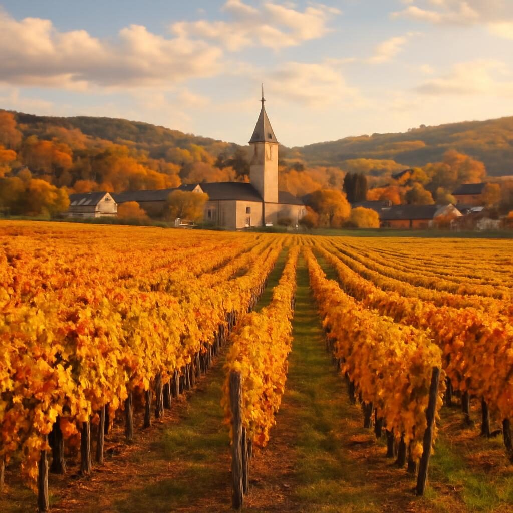 Vignoble de Pinot Noir en automne en Côte d'Or Bourgogne France avec village et clocher
