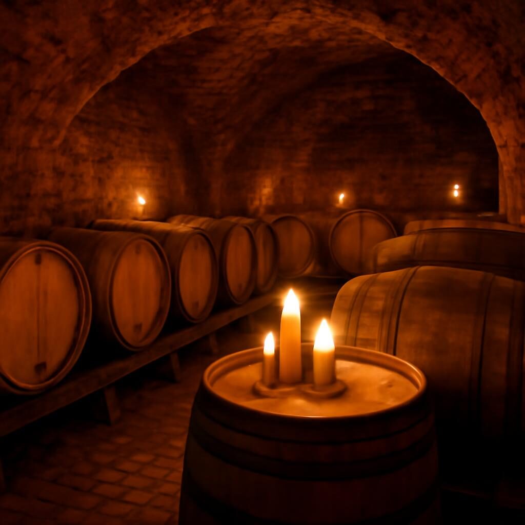 Cave de vinification en Bourgogne avec fûts de chêne et murs en pierre, ambiance chaleureuse