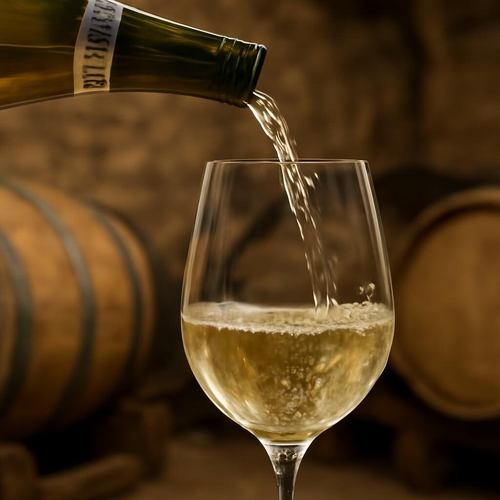 Service d un Chablis Grand Cru dans une cave avec barriques