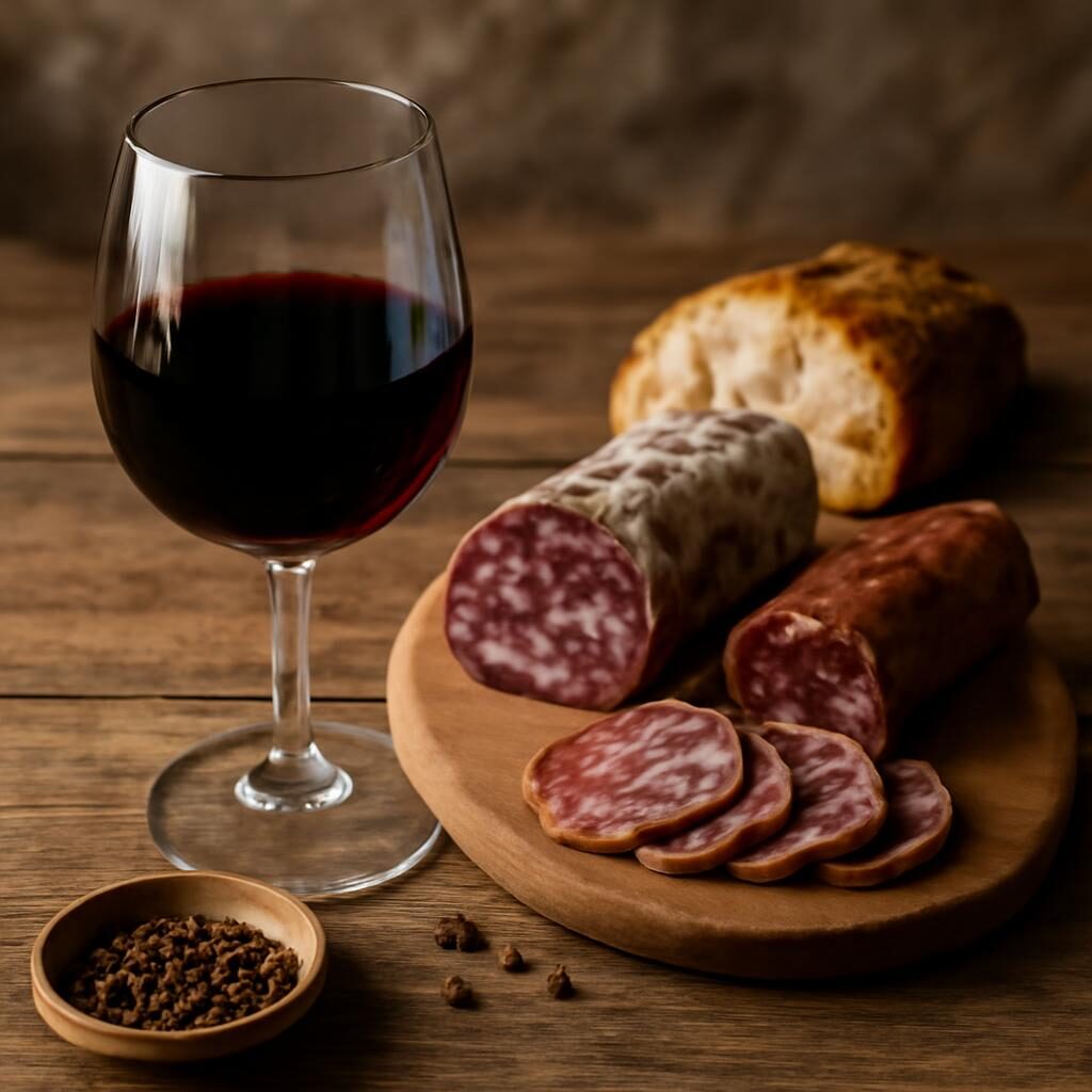 Verre de Madiran rouge sombre avec charcuterie du Sud-Ouest et poivre noir
