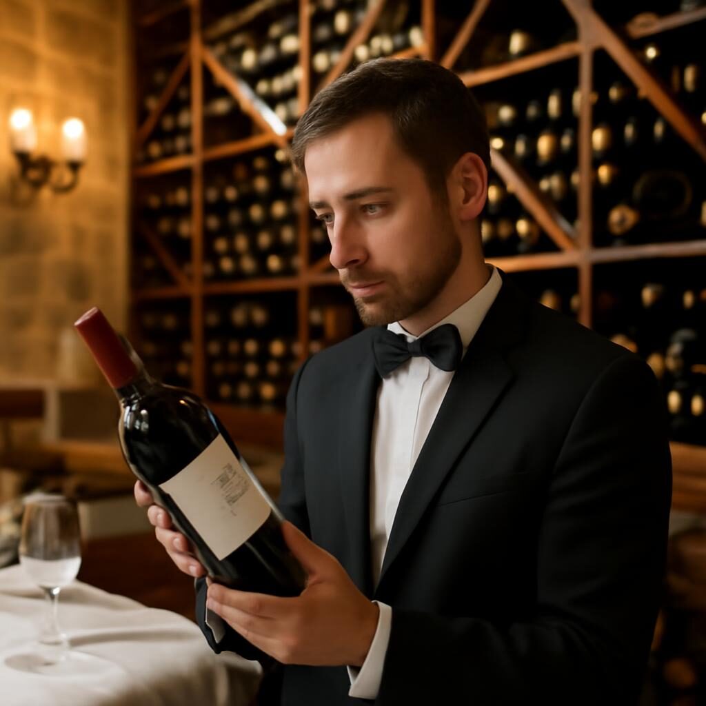 Sommelier examinant une bouteille de vin pour vérifier l'année du millésime en cave de restaurant