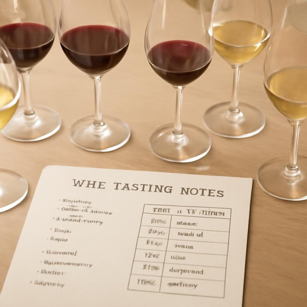 Notes de dégustation et tableau des millésimes sur papier à côté de plusieurs verres de vin rouge et blanc