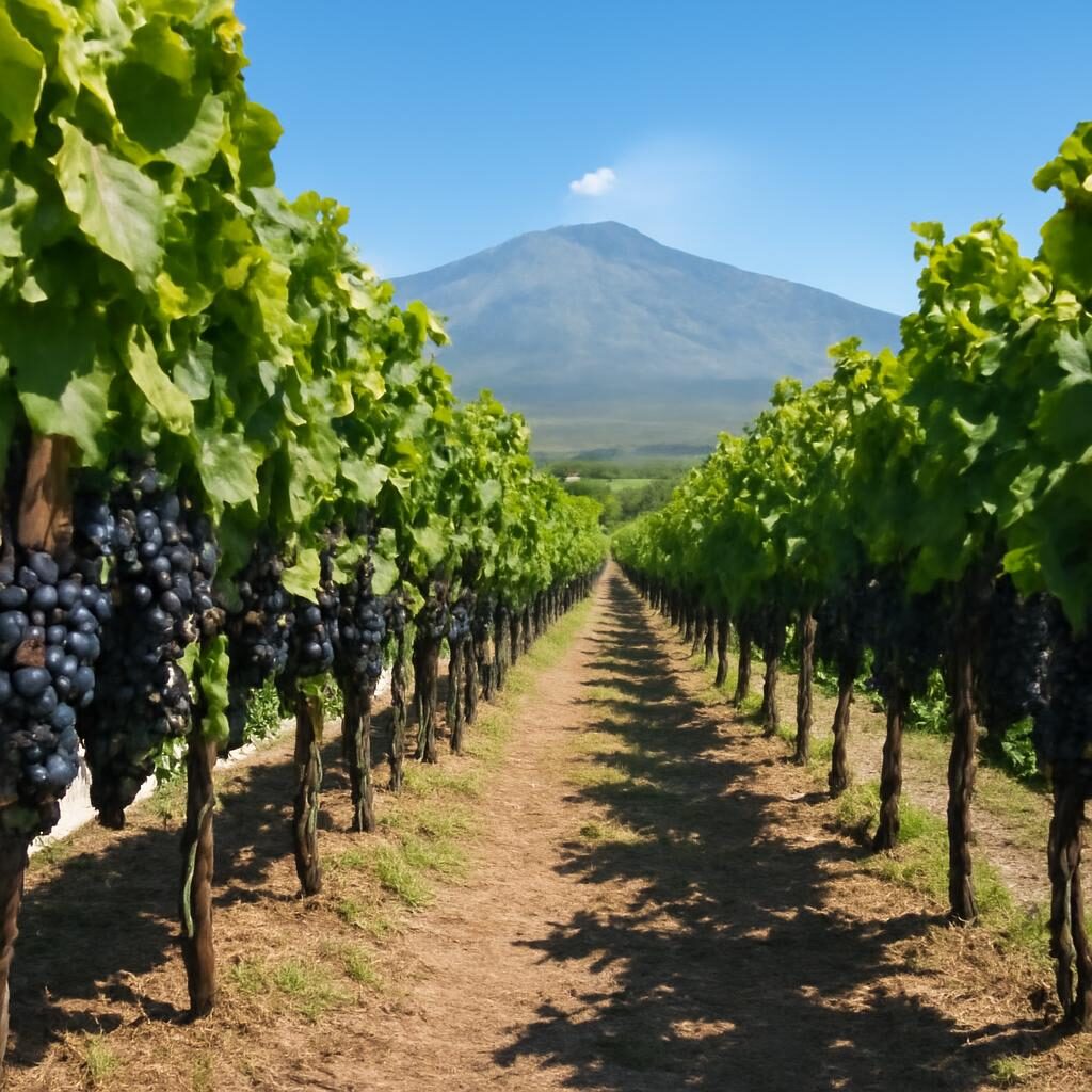 Vignoble de Nero d'Avola en Sicile sous le soleil méditerranéen avec l'Etna en arrière-plan