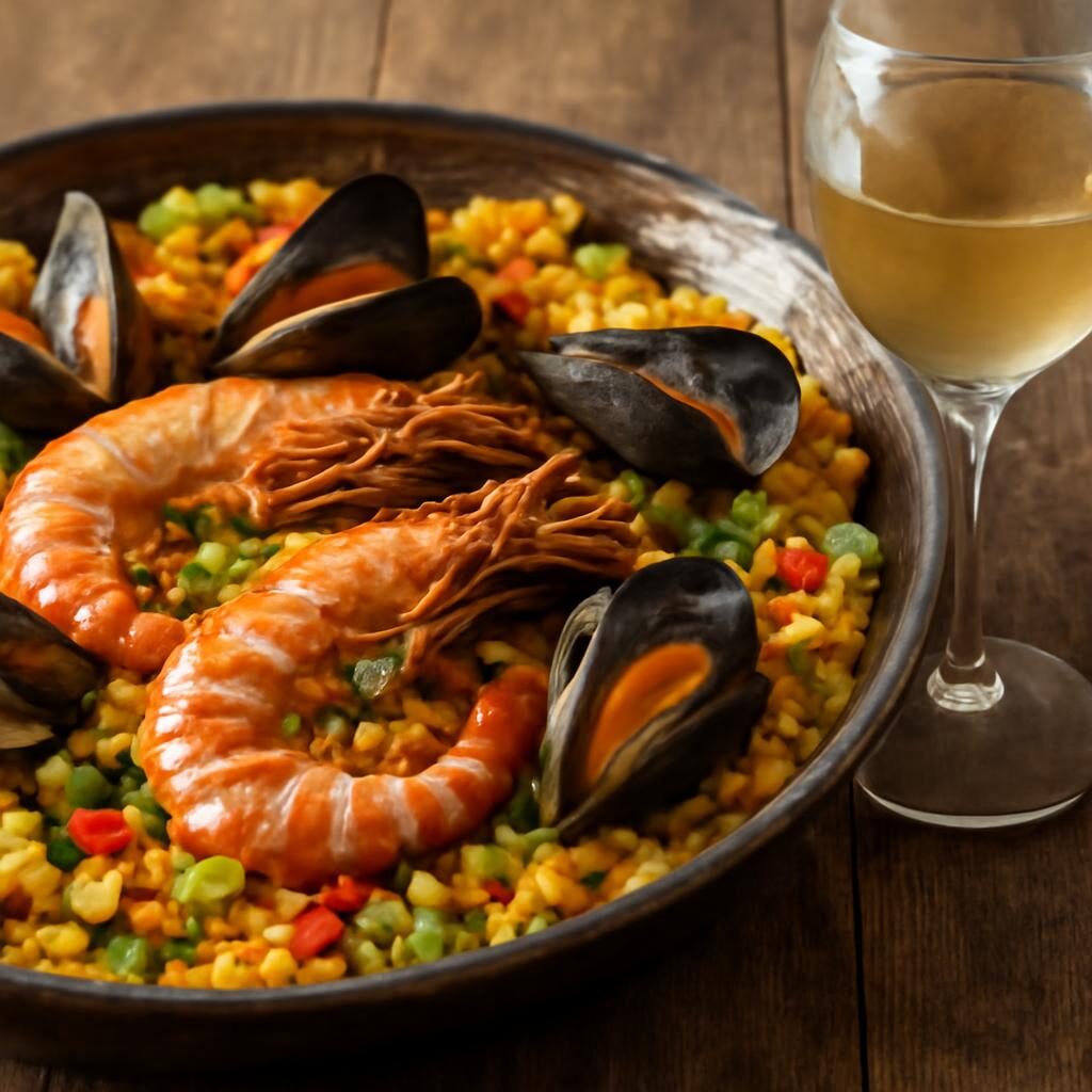 paella aux fruits de mer avec verre de vin blanc frais