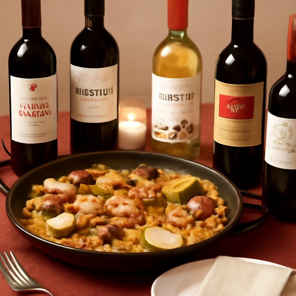 sélection de vins espagnols Rioja rouge et blanc à côté d'une paella
