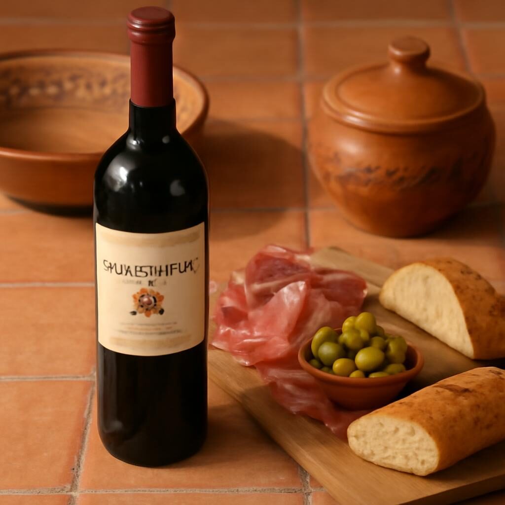 Bouteille de Pic Saint Loup avec charcuterie et olives