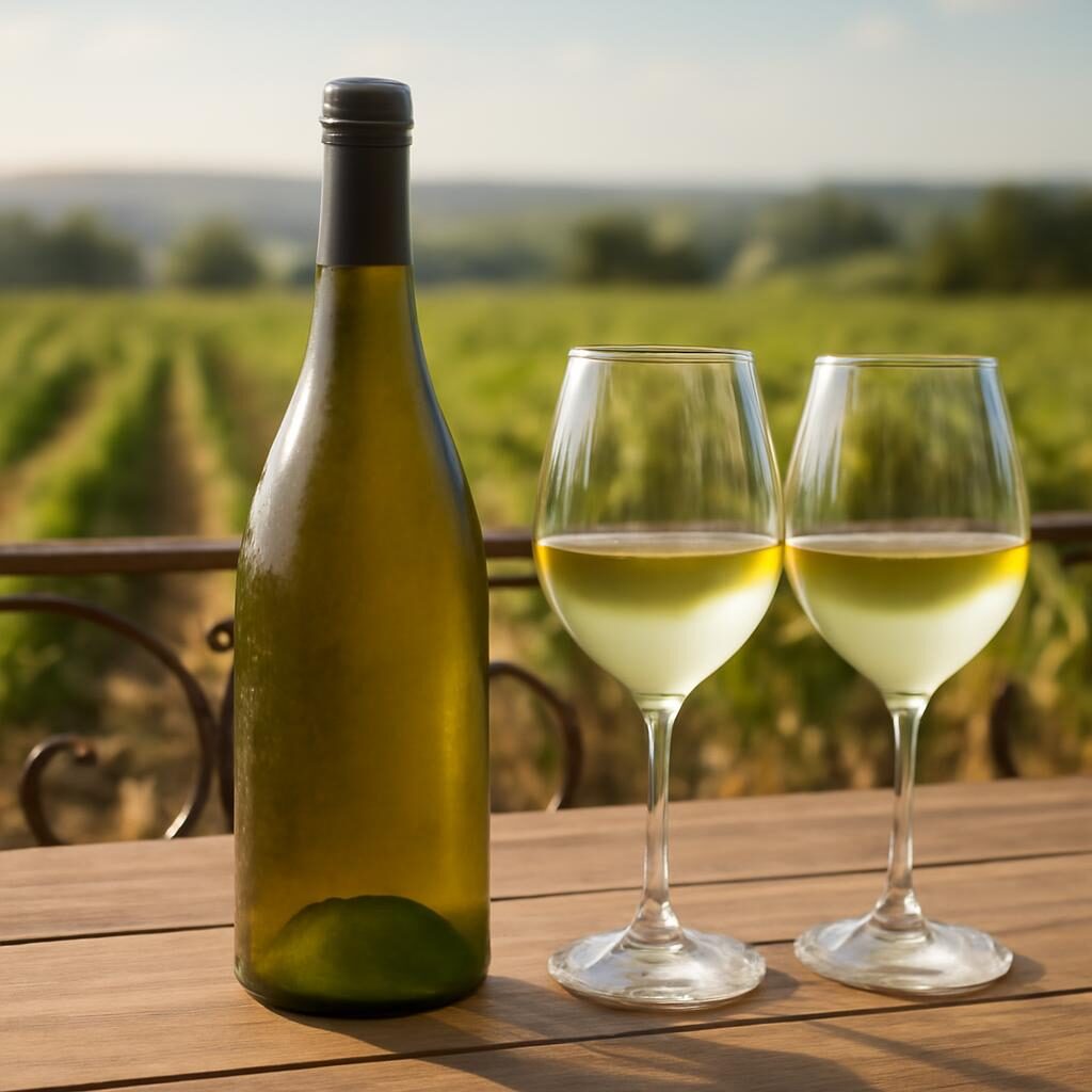 Bouteille de Quincy Sauvignon Blanc et verres sur terrasse estivale