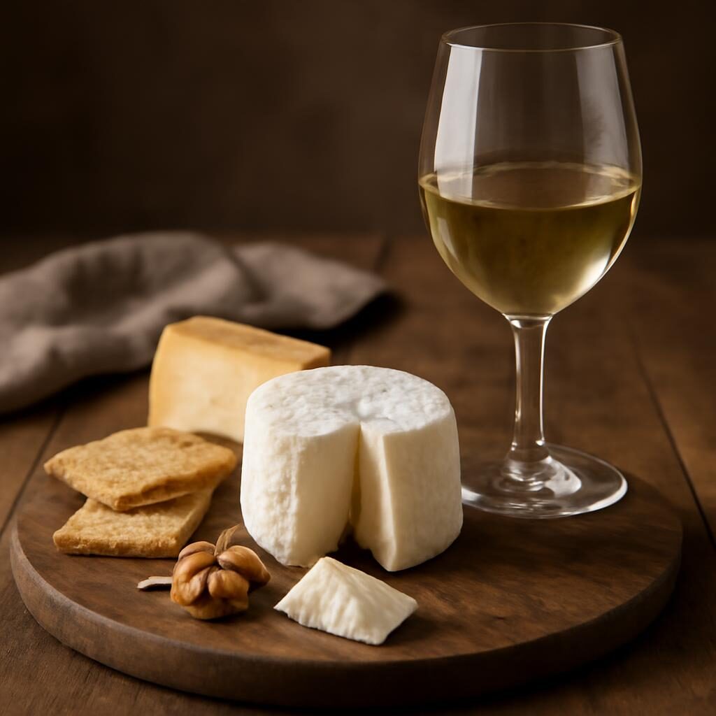 Crottin de Chavignol et verre de Quincy sur planche bois
