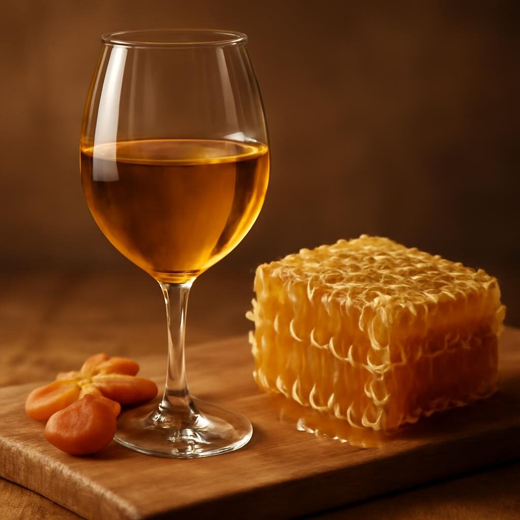 Verre de Sauternes doré avec miel et abricots secs sur plateau en bois