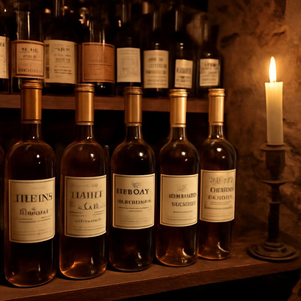 Cave à vins avec bouteilles de vins liquoreux français à la lueur des bougies