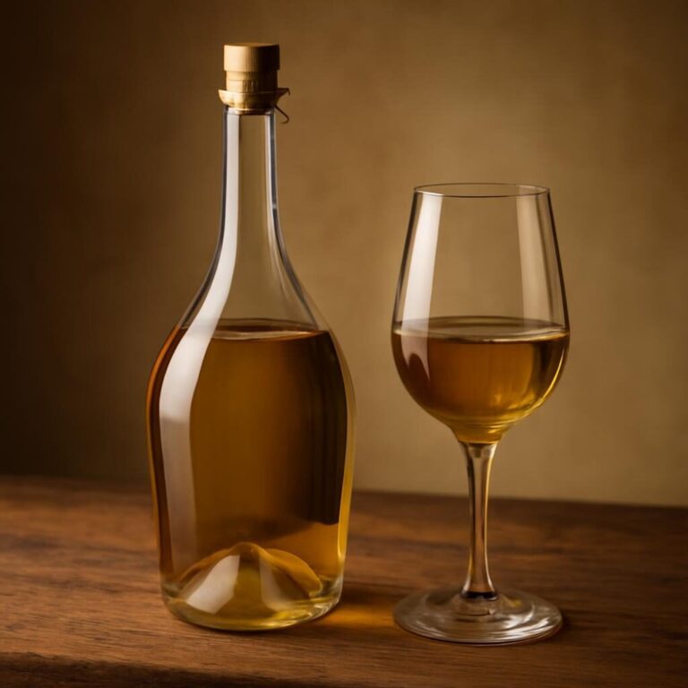 Vin jaune du Jura en clavelin et verre doré sur table rustique