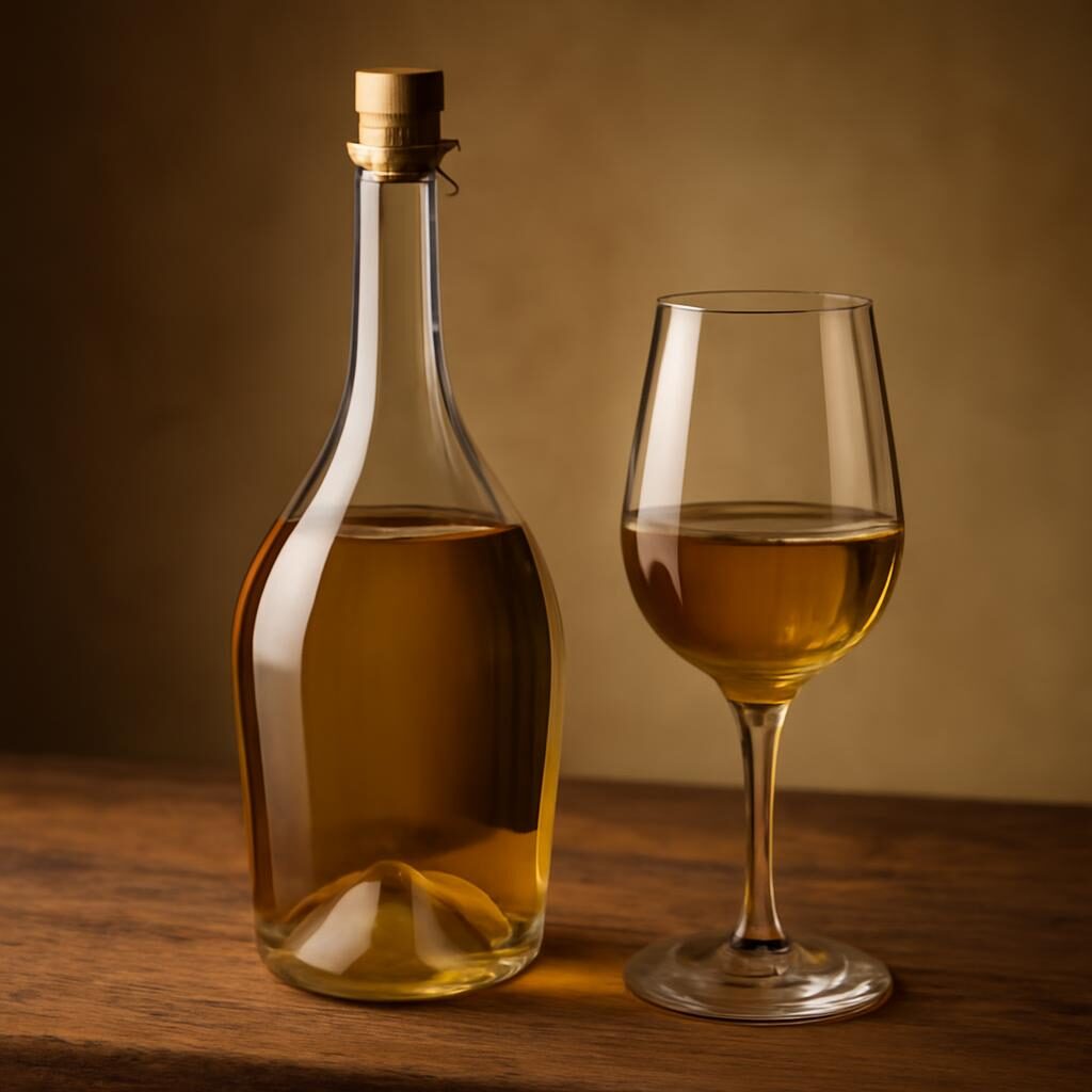 Vin jaune du Jura en clavelin avec verre doré sur table rustique