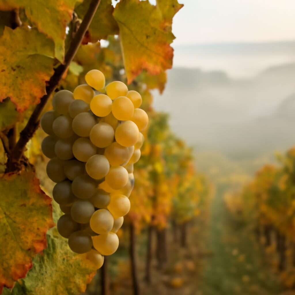 Grappes de Savagnin sur les coteaux du vignoble jurassien en automne