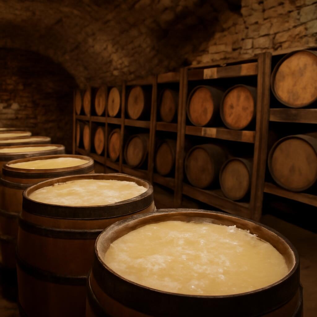 Fûts de chêne en cave du Jura avec voile de levures à la surface