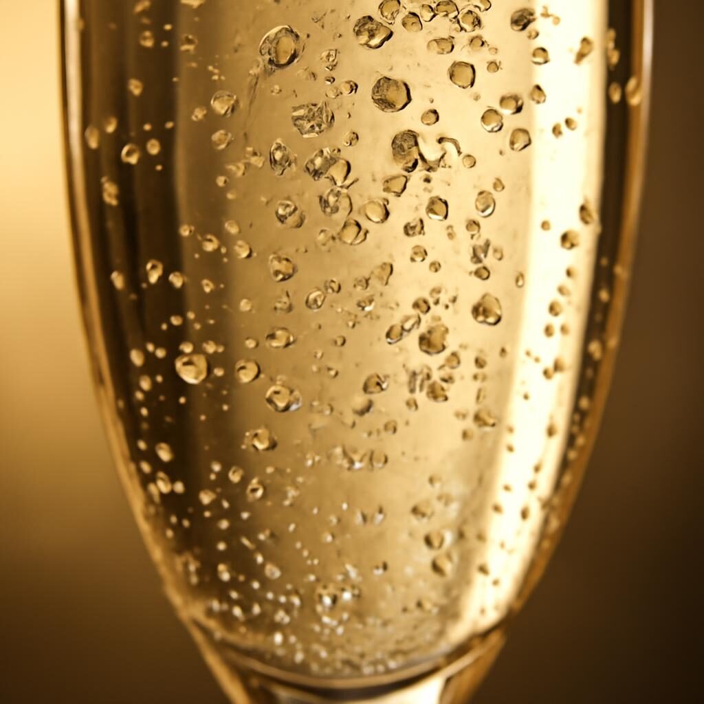 Macro des bulles fines dans une flute de vin petillant