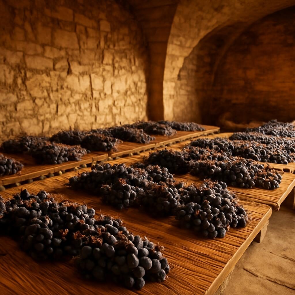 Raisins passerilles sur claies dans un chai du Jura