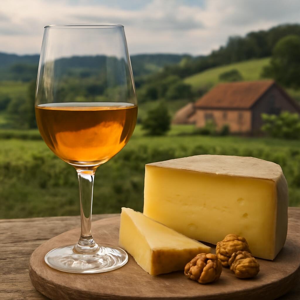 Accord vin de paille et fromage comte sur planche de bois