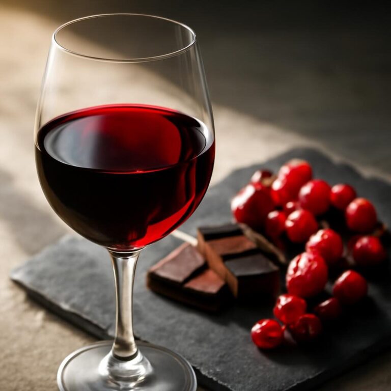 Vin rouge sucré dans un verre rubis avec chocolat noir et fruits rouges