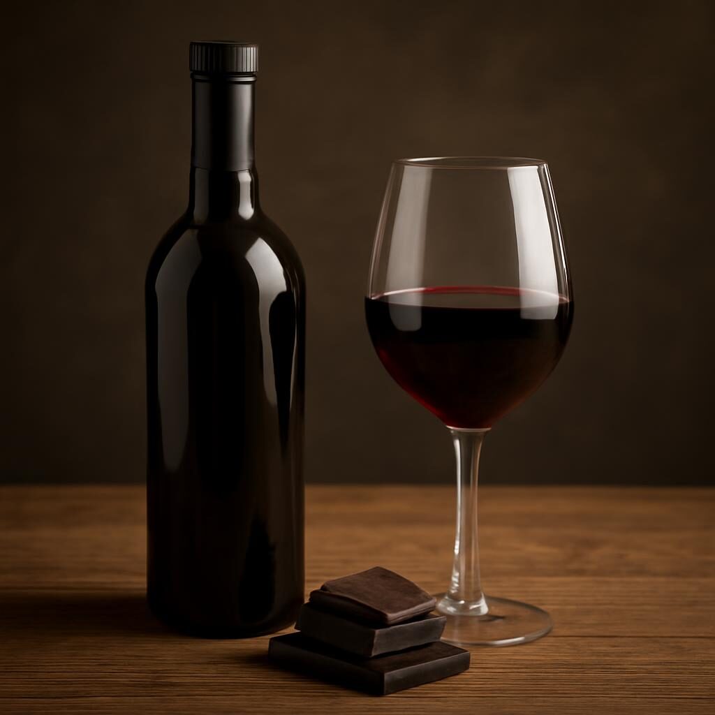 Bouteille de Maury ou Banyuls avec verre et chocolats noirs