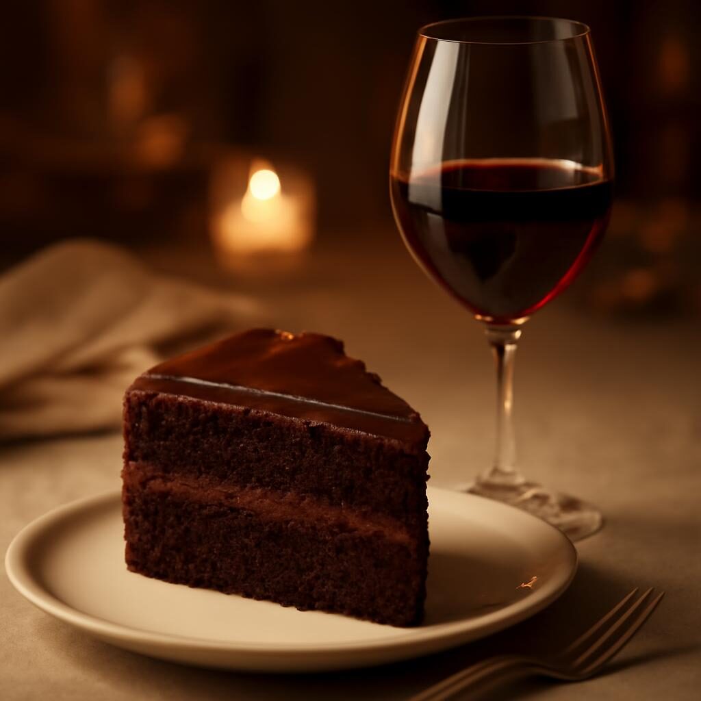 Gâteau au chocolat accompagné d'un verre de vin rouge sucré