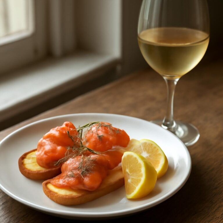 Plat de saumon fume sur toast avec verre de vin blanc