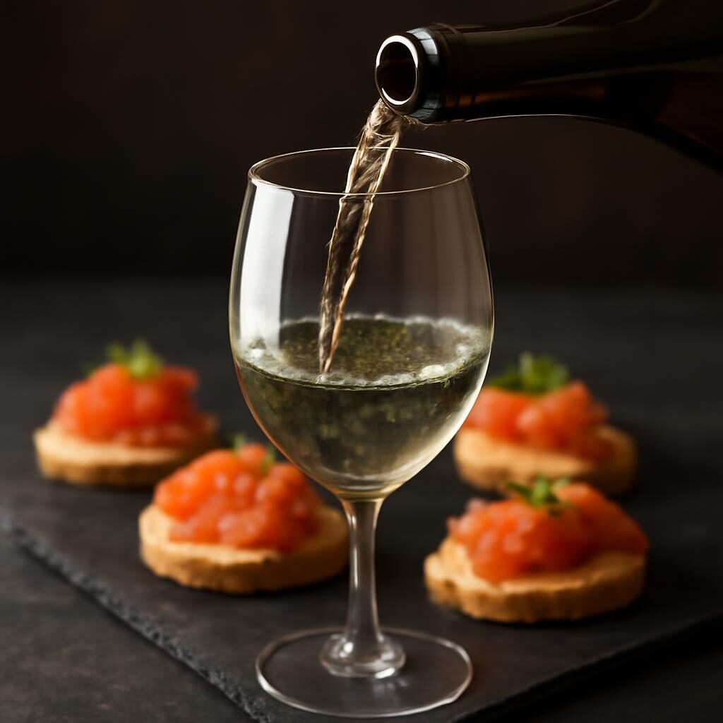 Vin blanc pale verse avec canapes de saumon fume