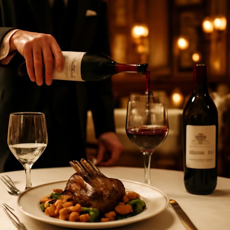 Accords mets et vins : table gastronomique avec vin rouge et agneau roti