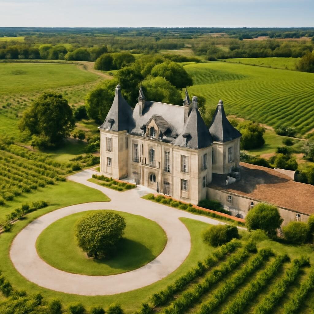 Grand château bordelais avec vignobles d'été en aval