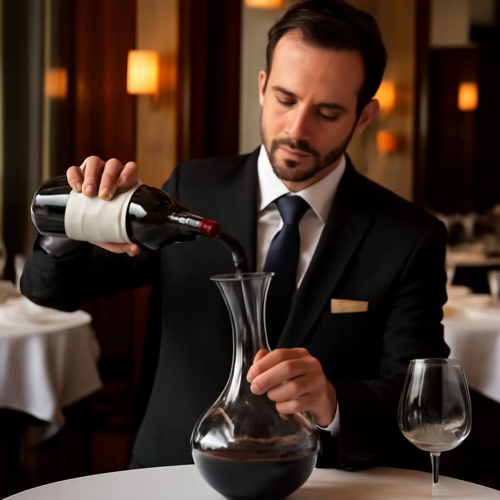 Sommelier décantant un vin de Bordeaux dans une carafe en cristal