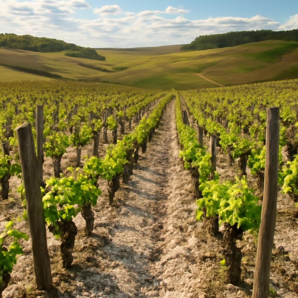 Vignoble de Champagne avec sol crayeux et vignes au printemps