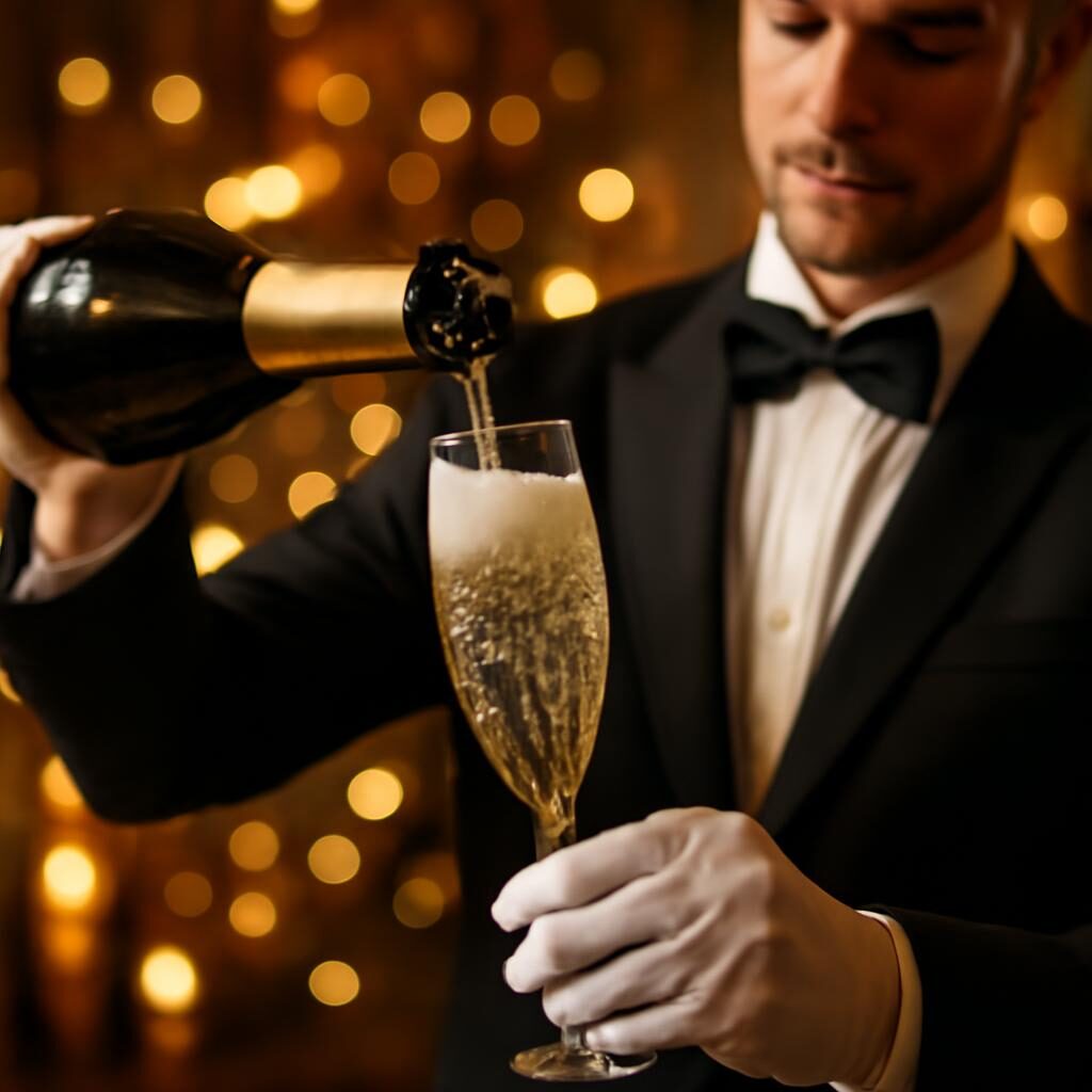 Sommelier servant un verre de Champagne avec bulles fines