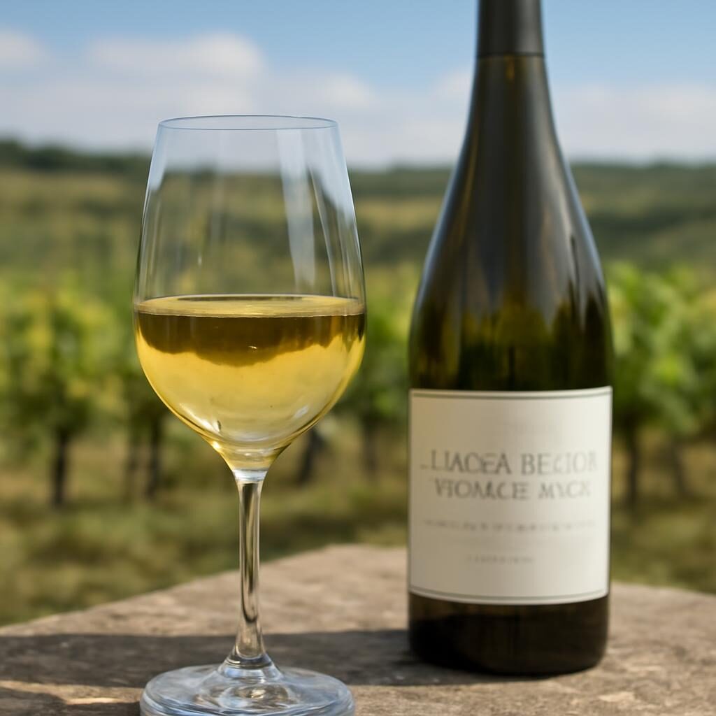 Verre de Chassagne-Montrachet blanc robe doree vignoble en fond
