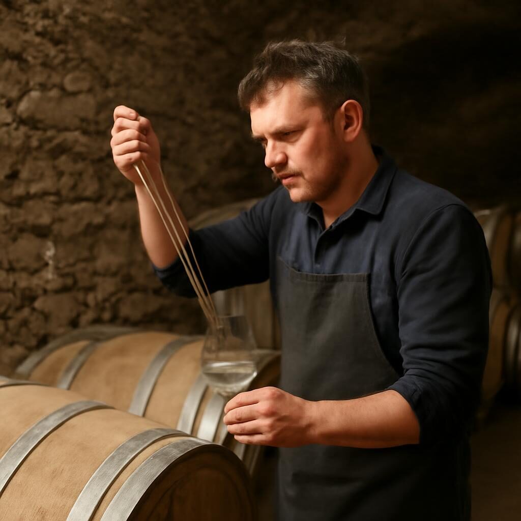 Vigneron bourguignon soutirage vin blanc barrel cave pierres
