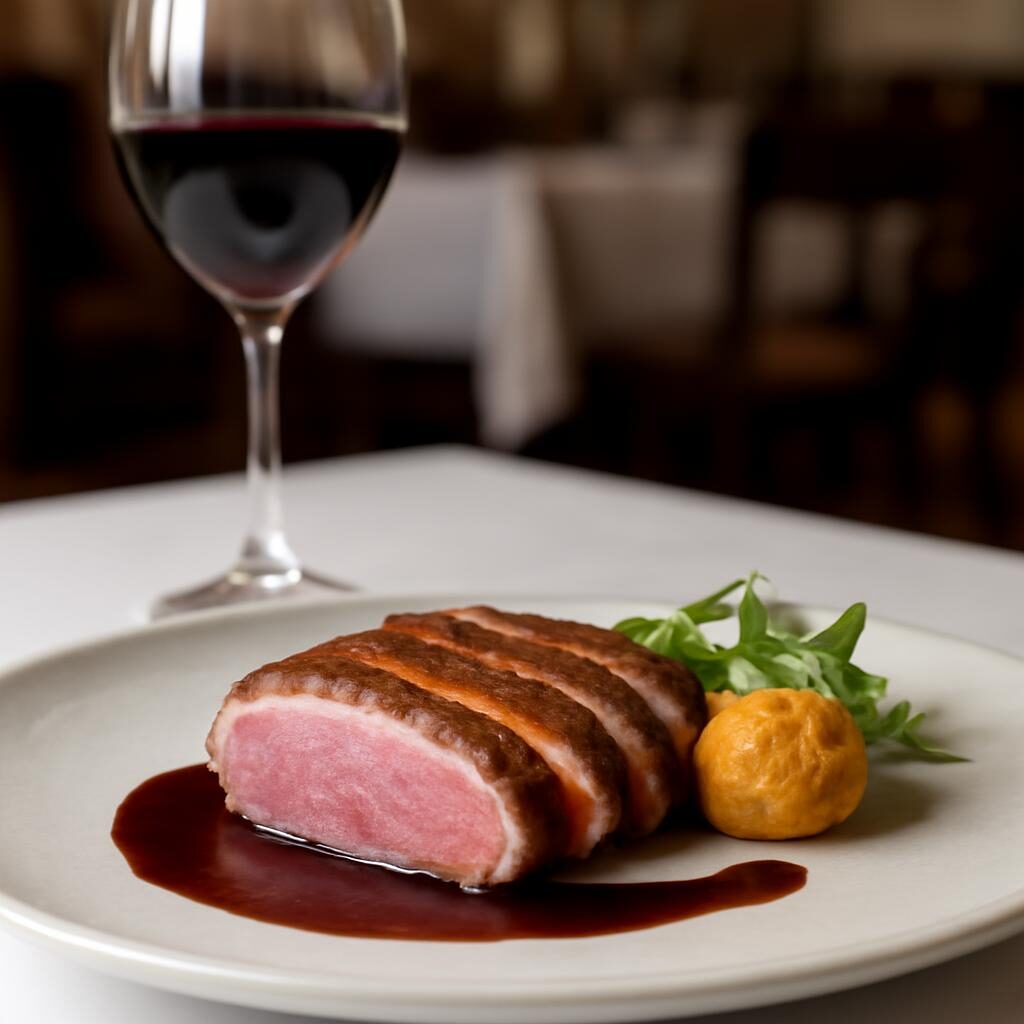 Magret de canard rosé et verre de vin rouge accord élégant