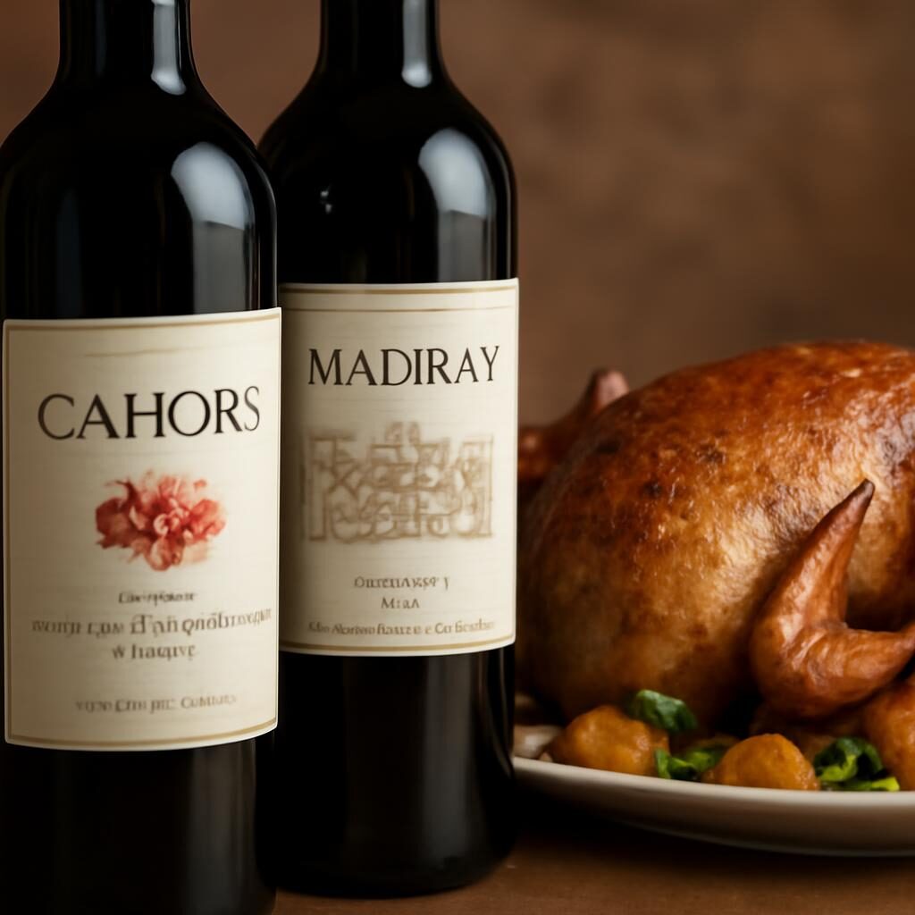 Bouteilles Madiran et Cahors accompagnant un magret de canard rôti