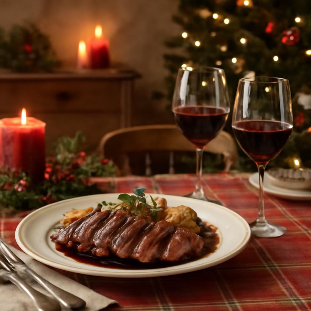 Table de fête avec magret de canard et verres de vin rouge