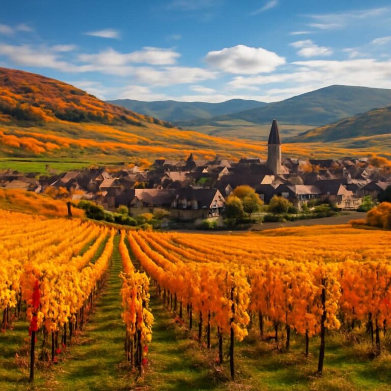 Vignobles alsaciens en automne avec village traditionnel à colombages