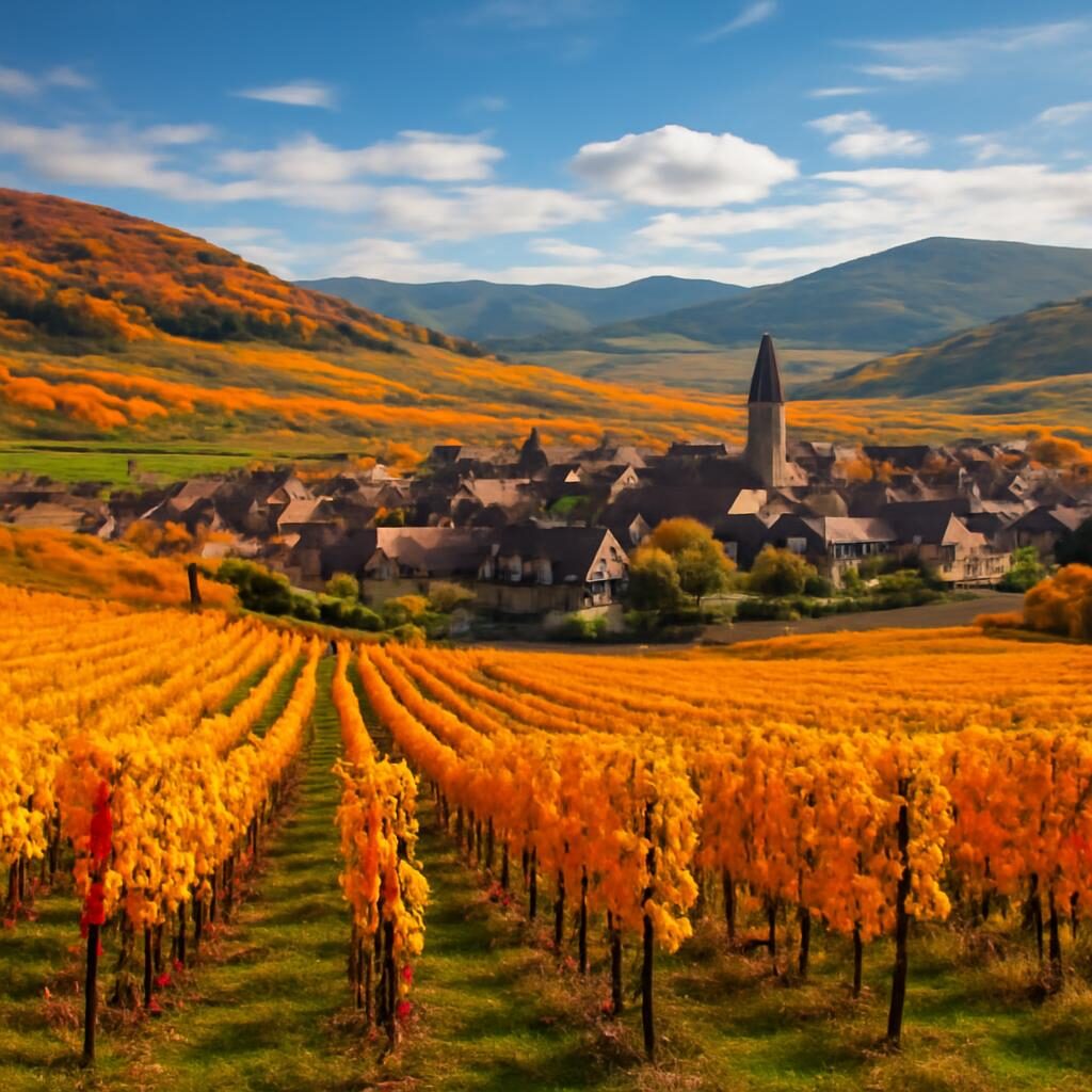 Vignobles alsaciens en automne avec village et Vosges en arrière-plan