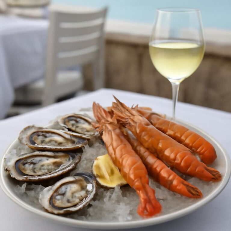 Vin blanc et fruits de mer : plateau d'huîtres, langoustines et crevettes avec verre de blanc sec
